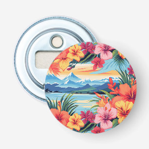 Kleurrijke tropische bloemen & landschap button flesopener