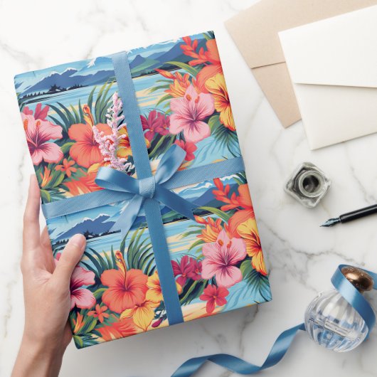 Kleurrijke tropische bloemen & landschap cadeaupapier (Geschenken)