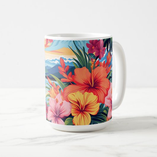 Kleurrijke tropische bloemen & landschap koffiemok (Voorkant rechts)