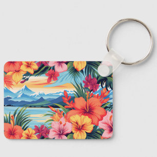 Kleurrijke tropische bloemen & landschap sleutelhanger