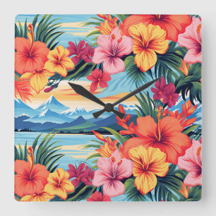 Kleurrijke tropische bloemen & landschap vierkante klok