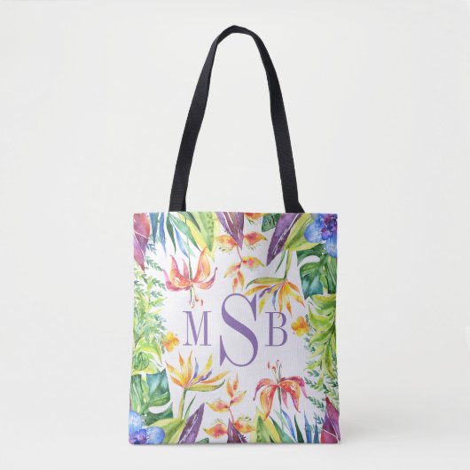 Kleurrijke tropische bloemen lijst Monogram Tote Bag (Voorkant)