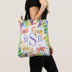 Kleurrijke tropische bloemen lijst Monogram Tote Bag