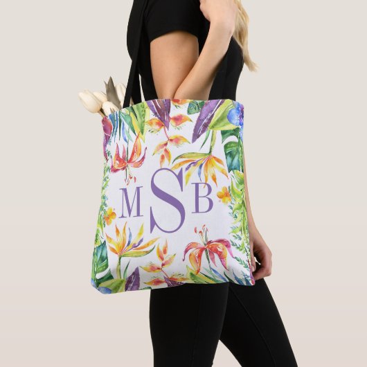 Kleurrijke tropische bloemen lijst Monogram Tote Bag (Dichtbij)