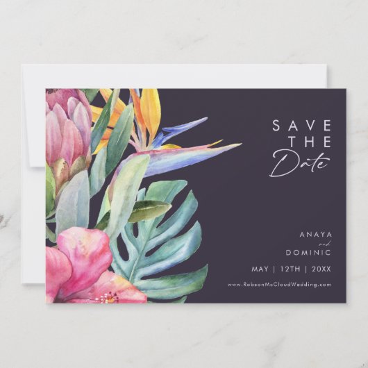 Kleurrijke Tropische Bloemen | Paars Horizontaal Save The Date (Voorkant)