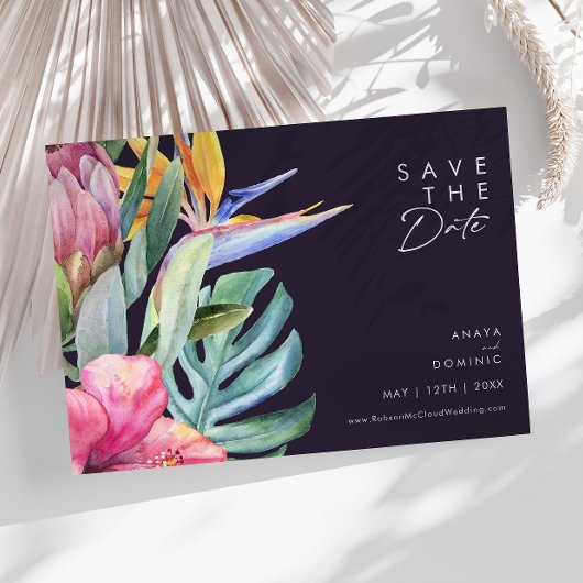 Kleurrijke Tropische Bloemen | Paars Horizontaal Save The Date