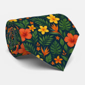 Kleurrijke Tropische Bloemen Rood Groen Marine Bla Stropdas (Opgerold)