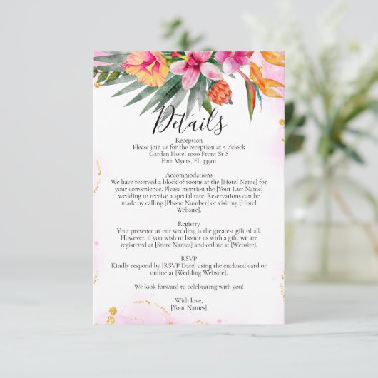 Kleurrijke Tropische Bloemen Roze bruiloft Details Informatiekaartje (Staand voorkant)