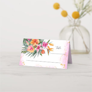 Kleurrijke Tropische Bloemen Roze & Oranje Bruilof Plaatskaartje