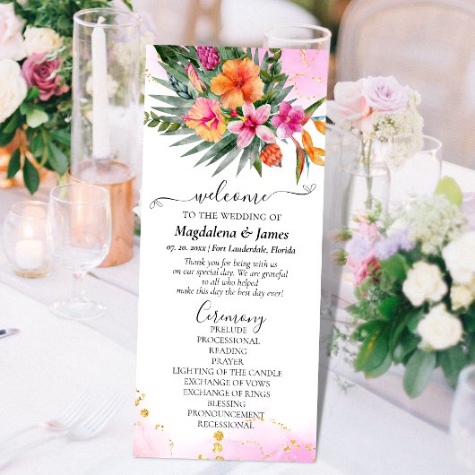 Kleurrijke tropische bloemen roze Sinaasappel brui Programmakaart