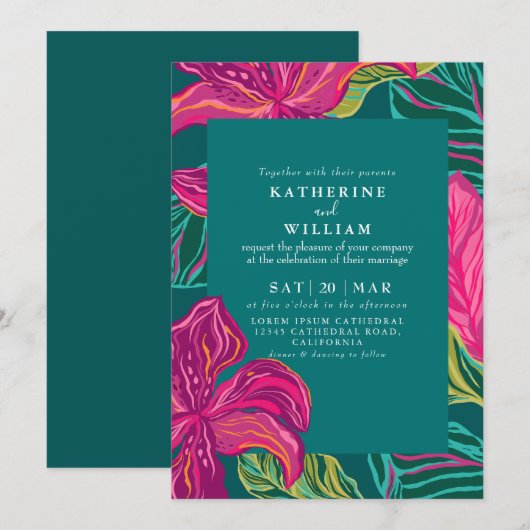 Kleurrijke Tropische Bloemen Smaragd groene bruilo Kaart (Voorkant / Achterkant)