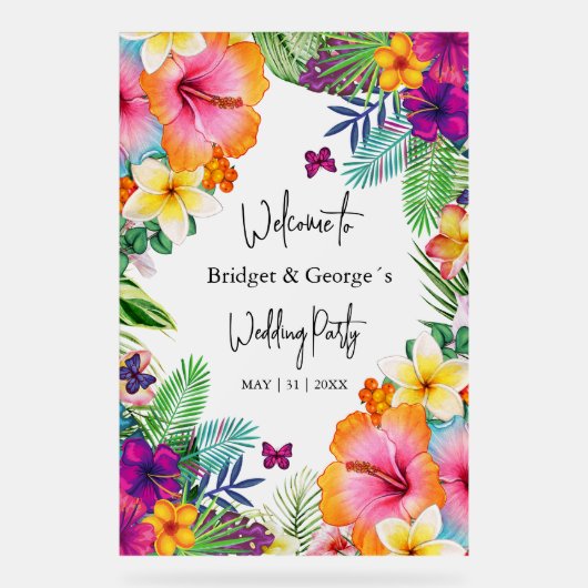Kleurrijke tropische bloemenmatten bruiloft welkom acryl bord (Voorkant)