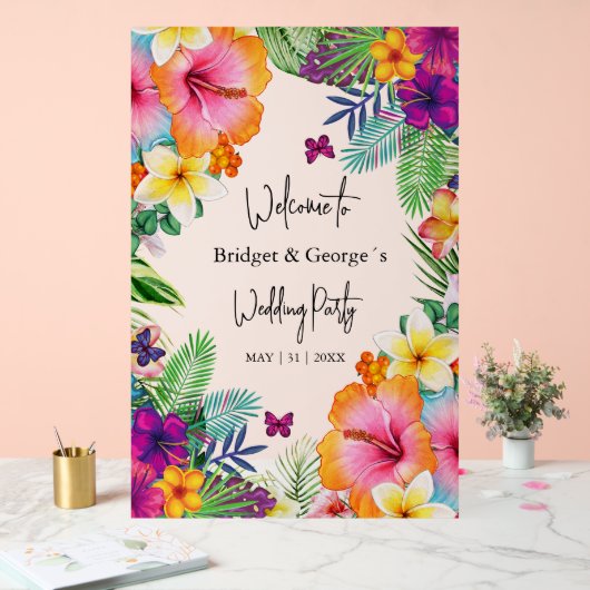 Kleurrijke tropische bloemenmatten bruiloft welkom acryl bord (Huwelijk)