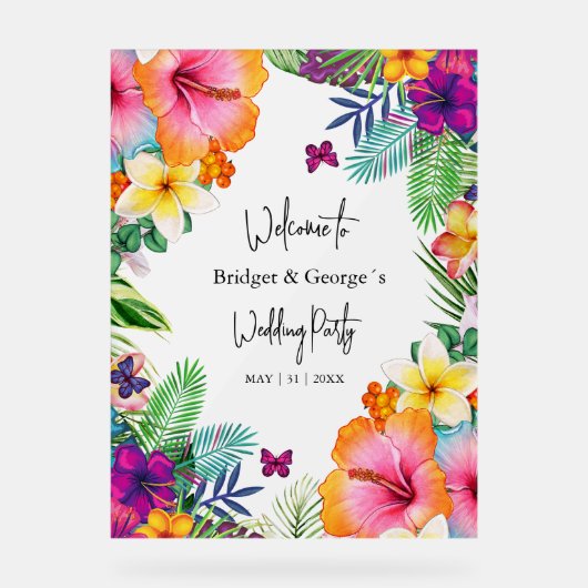 Kleurrijke tropische bloemenmatten bruiloft welkom acryl bord (Voorkant)