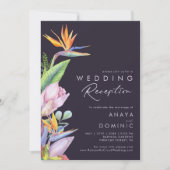 Kleurrijke Tropische Bloemige Paarse Trouwreceptie Kaart (Voorkant)