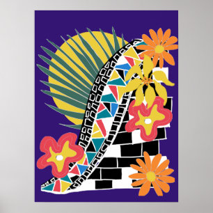 Kleurrijke Tropische Bloemige Zwart Witte Mozaïek Poster