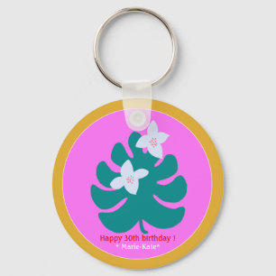 Kleurrijke tropische bloemrijke moderne naam roze sleutelhanger