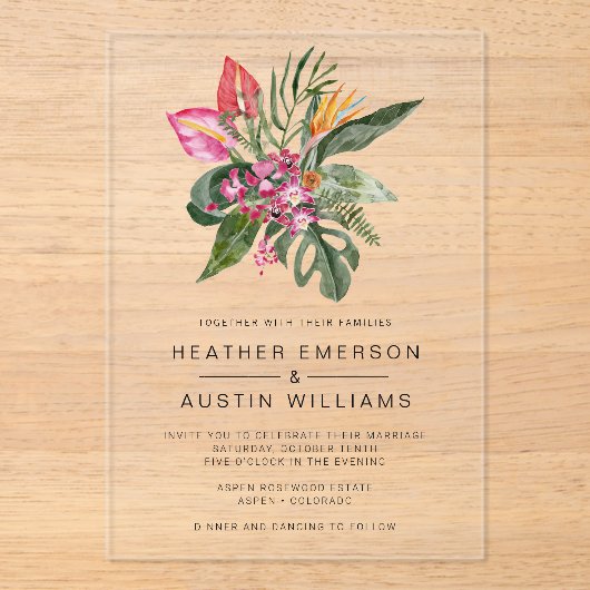 Kleurrijke tropische bruiloft acryl uitnodigingen (Voorkant)