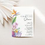 Kleurrijke tropische Floral | Kogelschoen Kaart<br><div class="desc">Deze kleurrijke tropische bloem | paren douchen is perfect voor je moderne boho-bestemming, groene, paarse, perzikparen douchen. Het ontwerp is voorzien van een elegante bouquet van klassieke waterverf groen en bloemen, met inbegrip van het sage groene eucalyptus, blauwe en rode protea, wazige roze hibiscus, oranje en blauwe paradijsvogel en donkergroene...</div>