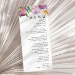Kleurrijke tropische Floral | Menu Weddenrennen<br><div class="desc">Deze kleurrijke tropische bloem | Het trouwdinermenu is perfect voor je moderne boho-bestemming, groene, paarse, perzikbruiloft. Het ontwerp is voorzien van een elegante bouquet van klassieke waterverf groen en bloemen, waaronder groene sage eucalyptus, rode en rode protea, zwarte roze hibiscus, oranje en blauwe paradijsvogel en donkergroene palmblad. Het ontwerp is...</div>