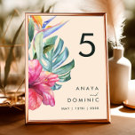 Kleurrijke tropische Floral | Nummer per tabel Kaart<br><div class="desc">Deze kleurrijke tropische bloem | Tafelnummer is perfect voor je moderne boho-bestemming, groene, paarse, perzikbruiloft. Het ontwerp is voorzien van een elegante bouquet van klassieke waterverf groen en bloemen, waaronder groene sage eucalyptus, rode en rode protea, zwarte roze hibiscus, oranje en blauwe paradijsvogel en donkergroene palmblad. Het ontwerp is ideaal...</div>