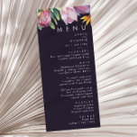 Kleurrijke tropische Floral | Paars weddenschap Menu<br><div class="desc">Deze kleurrijke tropische bloem | Het paarse trouwdinermenu is perfect voor je moderne boho-bestemming, groene, paarse, perzikbruiloft. Het ontwerp is voorzien van een elegante bouquet van klassieke waterverf groen en bloemen, waaronder groene sage eucalyptus, rode en rode protea, zwarte roze hibiscus, oranje en blauwe paradijsvogel en donkergroene palmblad. Het ontwerp...</div>