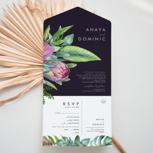 Kleurrijke tropische Floral | Paars zegel en vervo All In One Uitnodiging