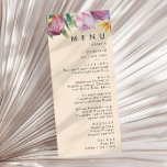 Kleurrijke tropische Floral | Peach Weddenrennen Menu<br><div class="desc">Deze kleurrijke tropische bloem | Het menu van het huwelijksdiner is perfect voor je moderne boho-bestemming, groene, paarse, perzikbruiloft. Het ontwerp is voorzien van een elegante bouquet van klassieke waterverf groen en bloemen, waaronder groene sage eucalyptus, rode en rode protea, zwarte roze hibiscus, oranje en blauwe paradijsvogel en donkergroene palmblad....</div>