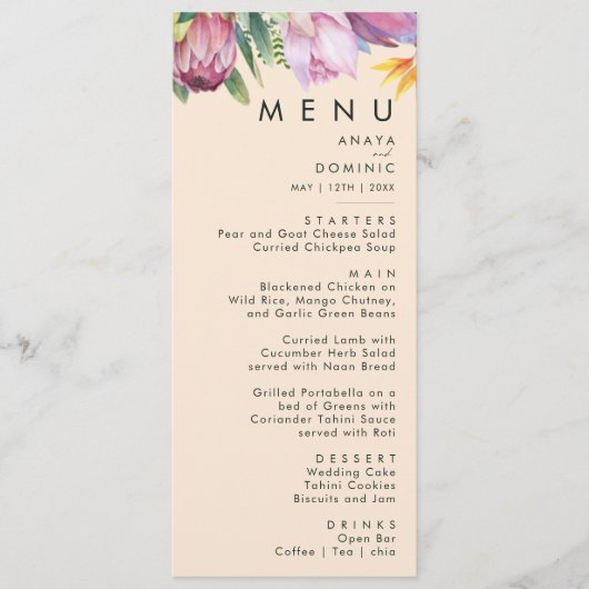 Kleurrijke tropische Floral | Peach Weddenrennen Menu (Voorkant)