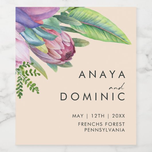 Kleurrijke tropische Floral | Peach Wedding Wijn Etiket (Enkel label)