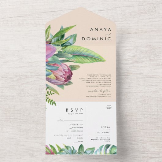Kleurrijke tropische Floral | Perzikzegel en verze All In One Uitnodiging (Binnen)