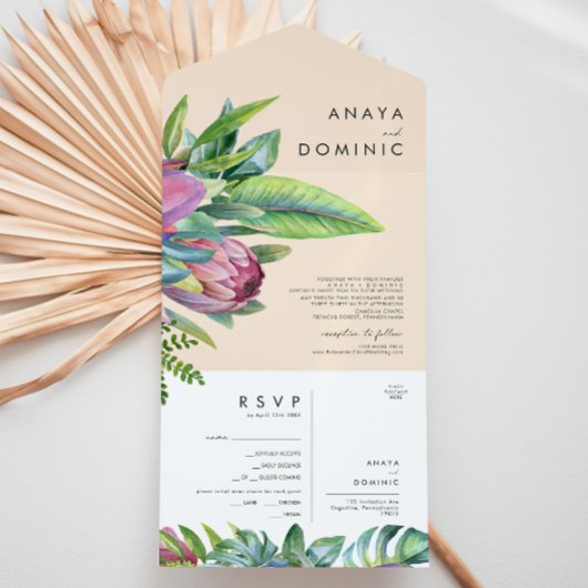 Kleurrijke tropische Floral | Perzikzegel en verze All In One Uitnodiging