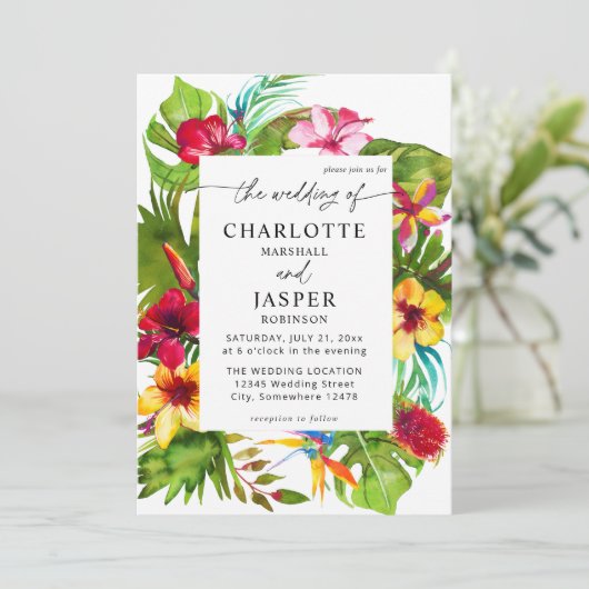 Kleurrijke tropische Floral Wedding Kaart (Staand voorkant)