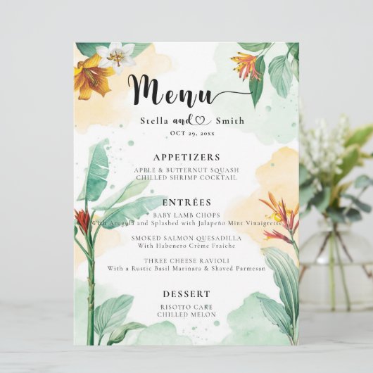 Kleurrijke tropische Floral Wedding Menu (Staand voorkant)