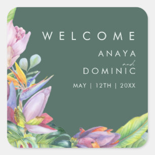 Kleurrijke tropische Floral Welkom groene bruilo Vierkante Sticker