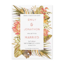 Kleurrijke Tropische Foliage Bruiloft Save the Dat