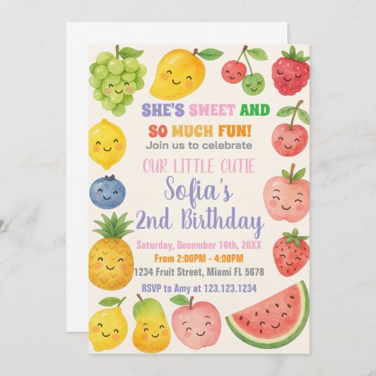 Kleurrijke Tropische Fruit Verjaardag Uitnodiging (Voorkant / Achterkant)