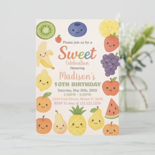Kleurrijke Tropische Fruit Verjaardag Uitnodiging (Staand voorkant)