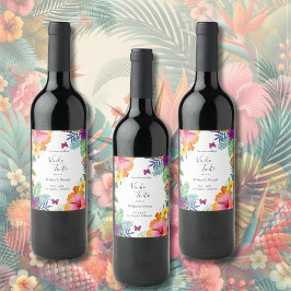 Kleurrijke tropische Hawaiiaanse Bloemen Huwelijk Wijn Etiket