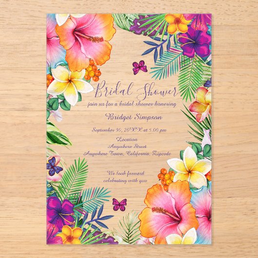 Kleurrijke tropische Hawaiiaanse Bloemen vrijgezel Acryl Uitnodigingen (Voorkant)