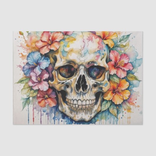 Kleurrijke Tropische Hibiscus Schedel Decoupage Tissuepapier (Voorkant)