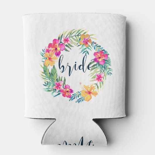 Kleurrijke Tropische krans bruid typografie Blikjeskoeler (Achterkant)