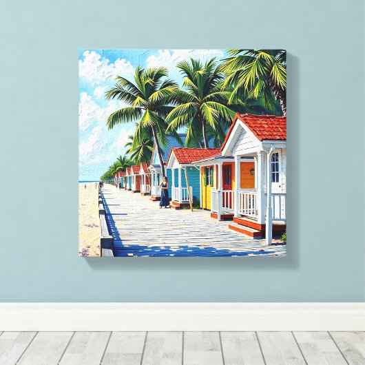Kleurrijke Tropische Levendige Strandhuisjes Canvas Afdruk (Insitu (Houten vloer))