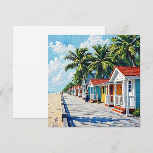 Kleurrijke tropische levendige strandhutten feestdagenkaart (Voorkant / Achterkant)