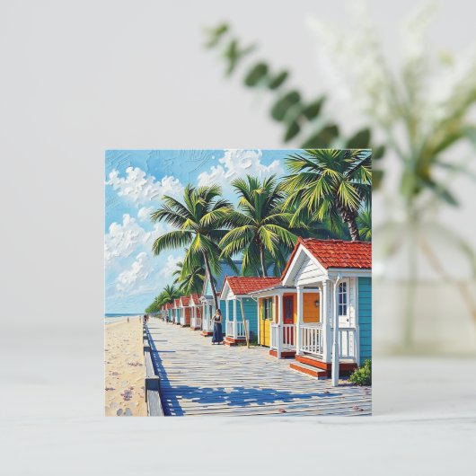Kleurrijke tropische levendige strandhutten feestdagenkaart (Staand voorkant)