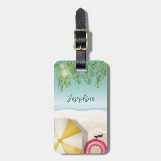 Kleurrijke tropische oceaan strand zomer palmblade bagagelabel (Voorkant verticaal)