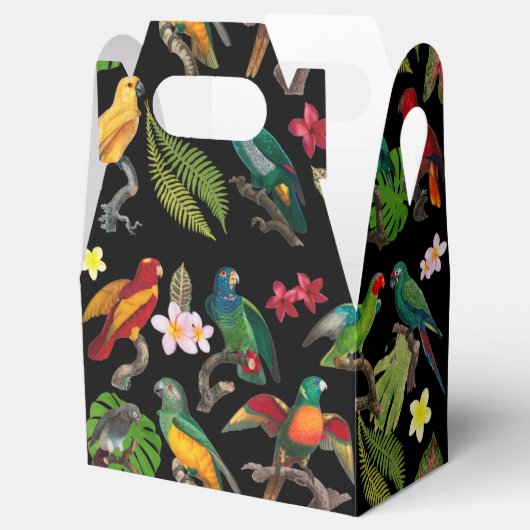 Kleurrijke tropische parrots, bladeren en bloemen bedankdoosjes (Geopend)