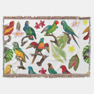 Kleurrijke tropische parrots, bladeren en bloemen deken