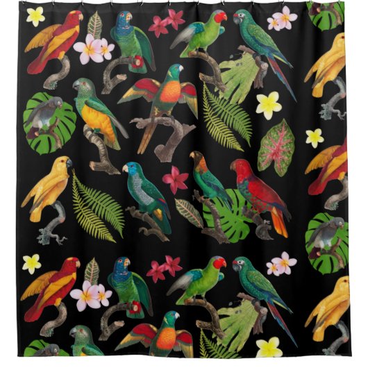 Kleurrijke tropische parrots, bladeren en bloemen douchegordijn (Voorkant)