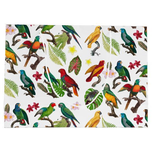 Kleurrijke tropische parrots, bladeren en bloemen groot cadeauzakje (Achterkant)